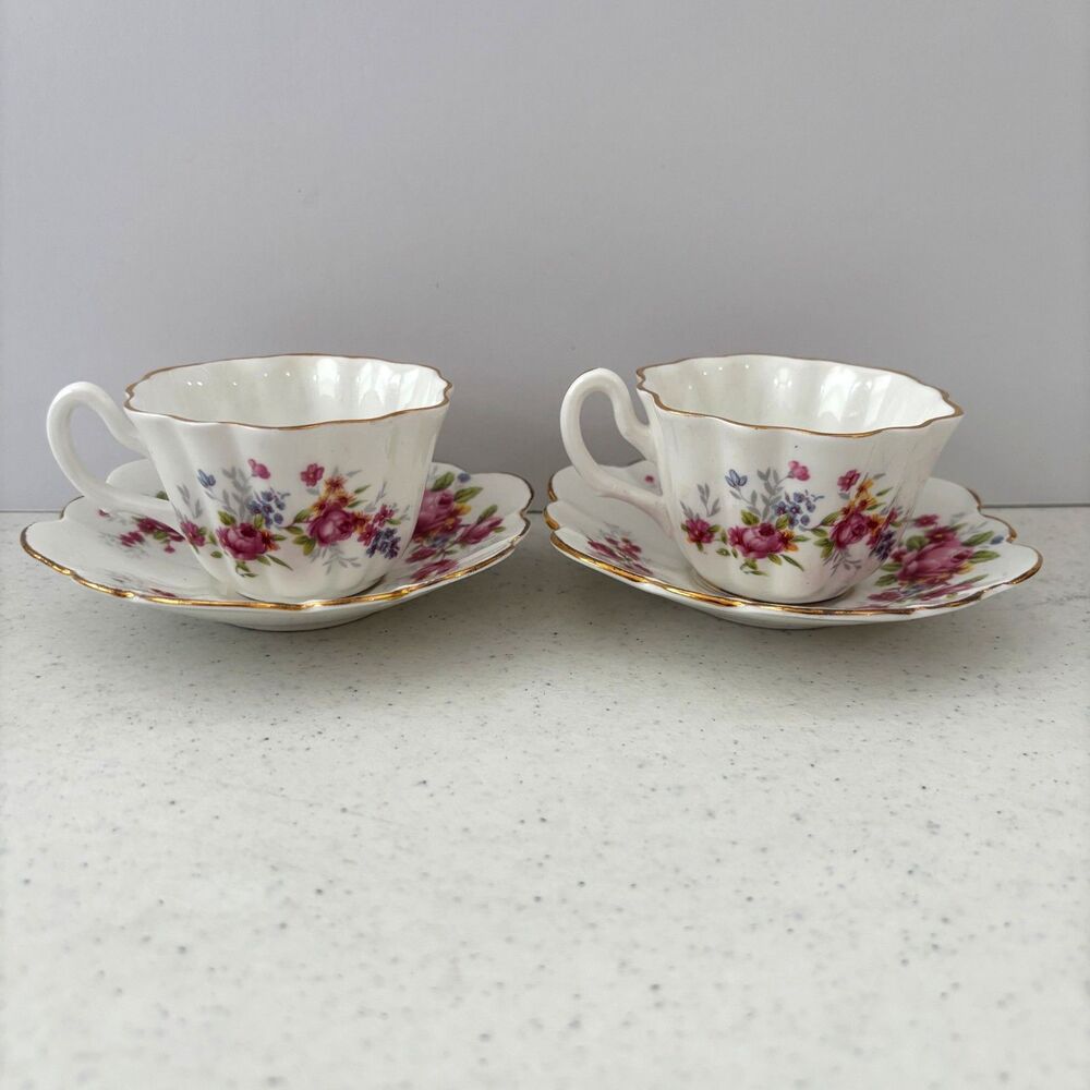 Royal Stuart Spencer Stevenson Pink Floral Dainty Teacup Saucer England Set of 2 - Picture 3 of 9